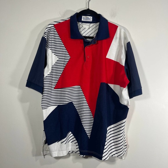 Vintage Sea Palms by Hartwell Red White‎ Blue Star Stripe Polo XL - Picture 2 of 4